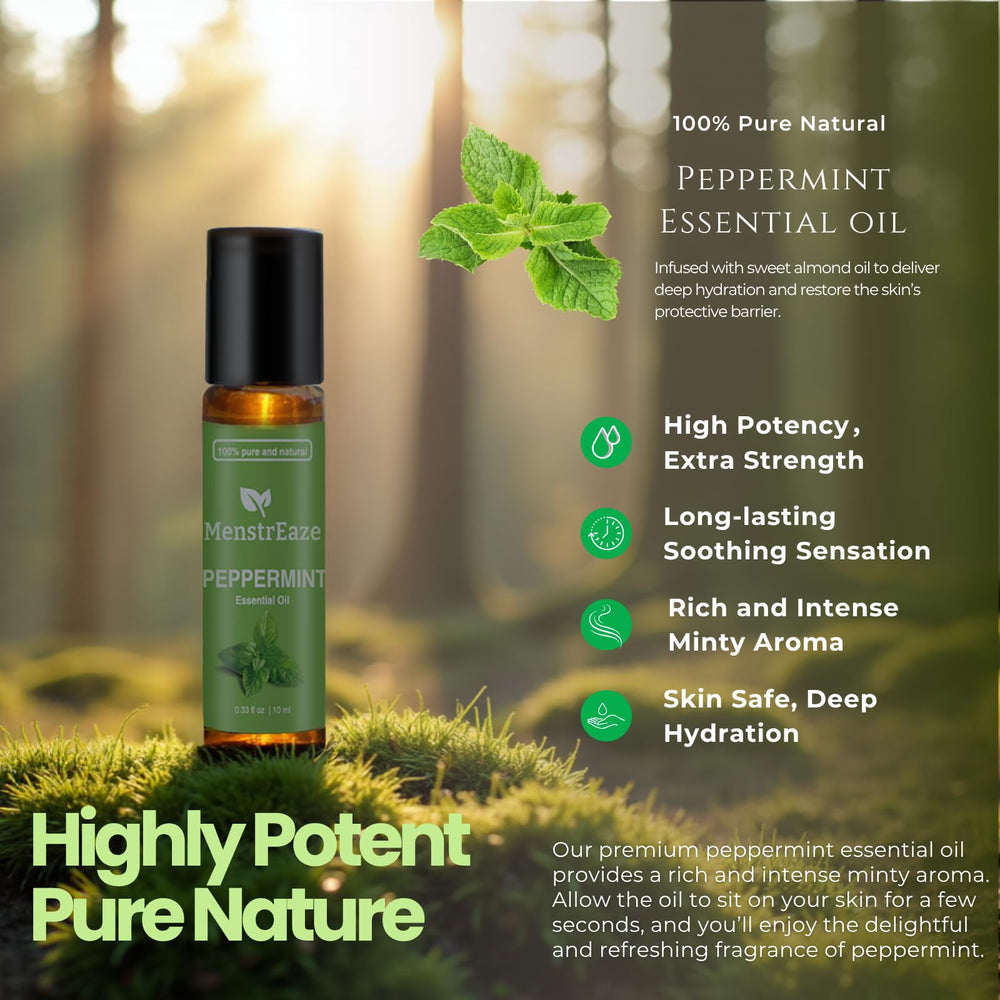 MenstrEaze peppermint roll-on ready for on-the-go aroma and focus support.