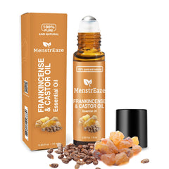 MenstrEaze castor oil roll-on frankincense bottle for precise under-eye care and hydration.