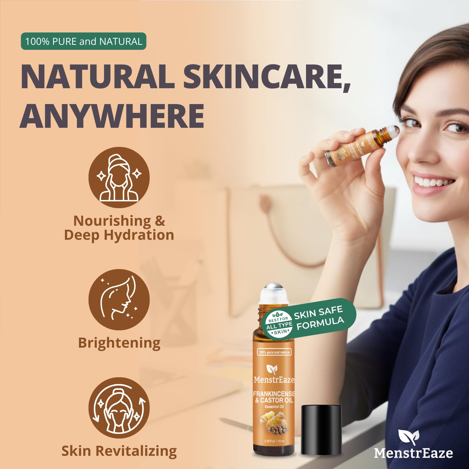 MenstrEaze castor oil roll-on frankincense rollerball delivers cooling, mess-free application.