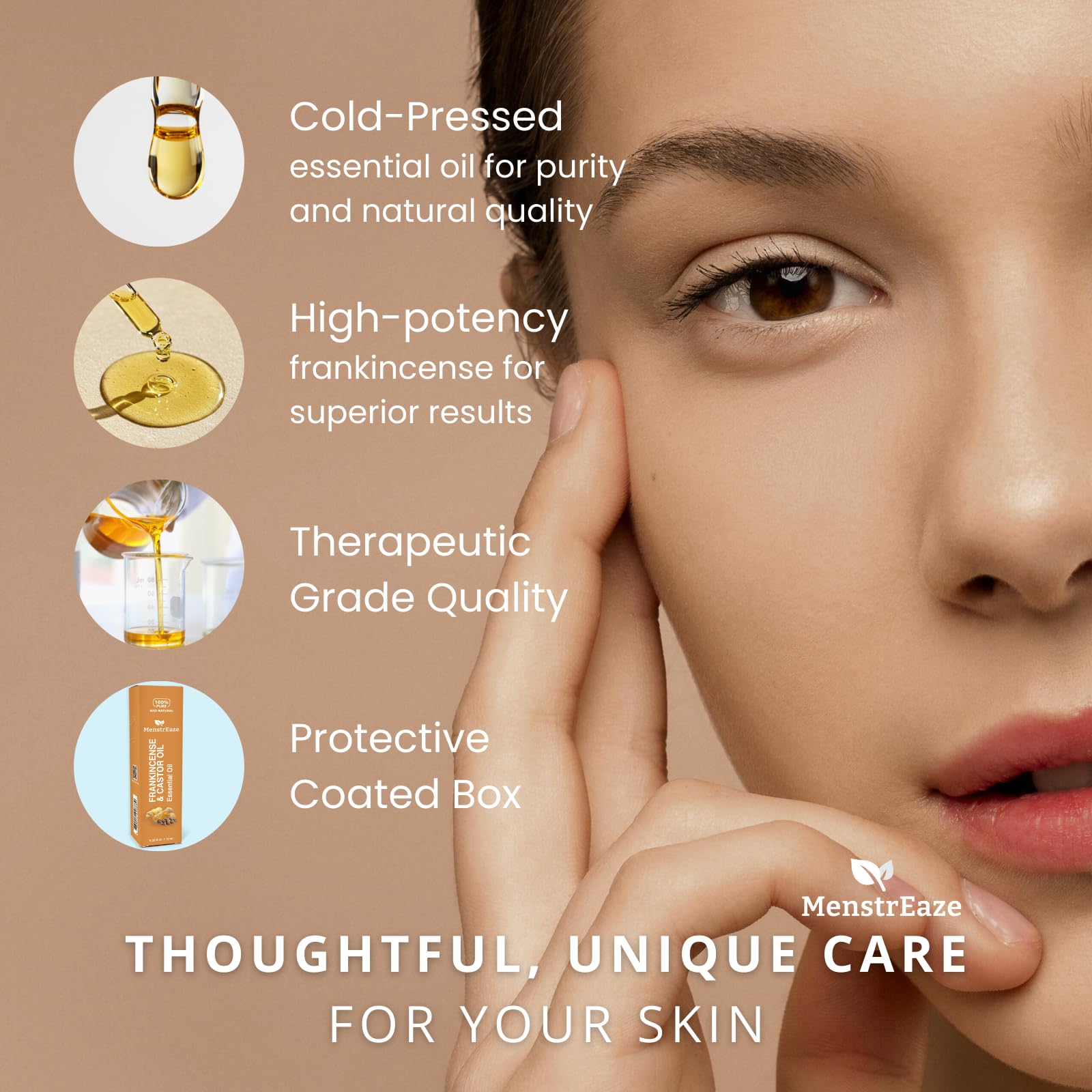 MenstrEaze skincare-frankincense-oil bottle close-up highlighting natural ingredients.
