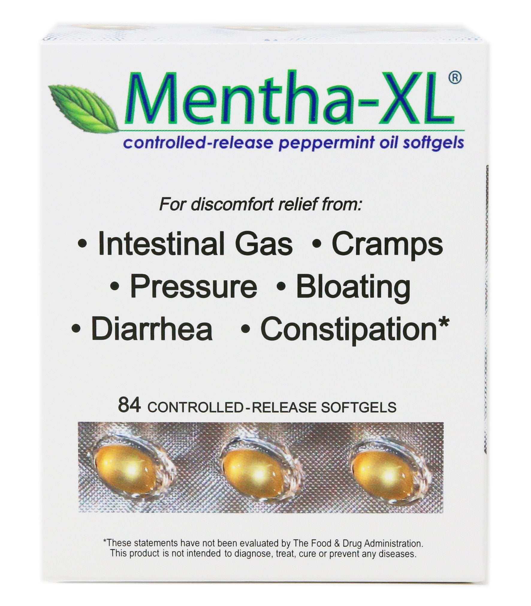 Mentha-XL 84-count softgels bottle for IBS support and convenient use