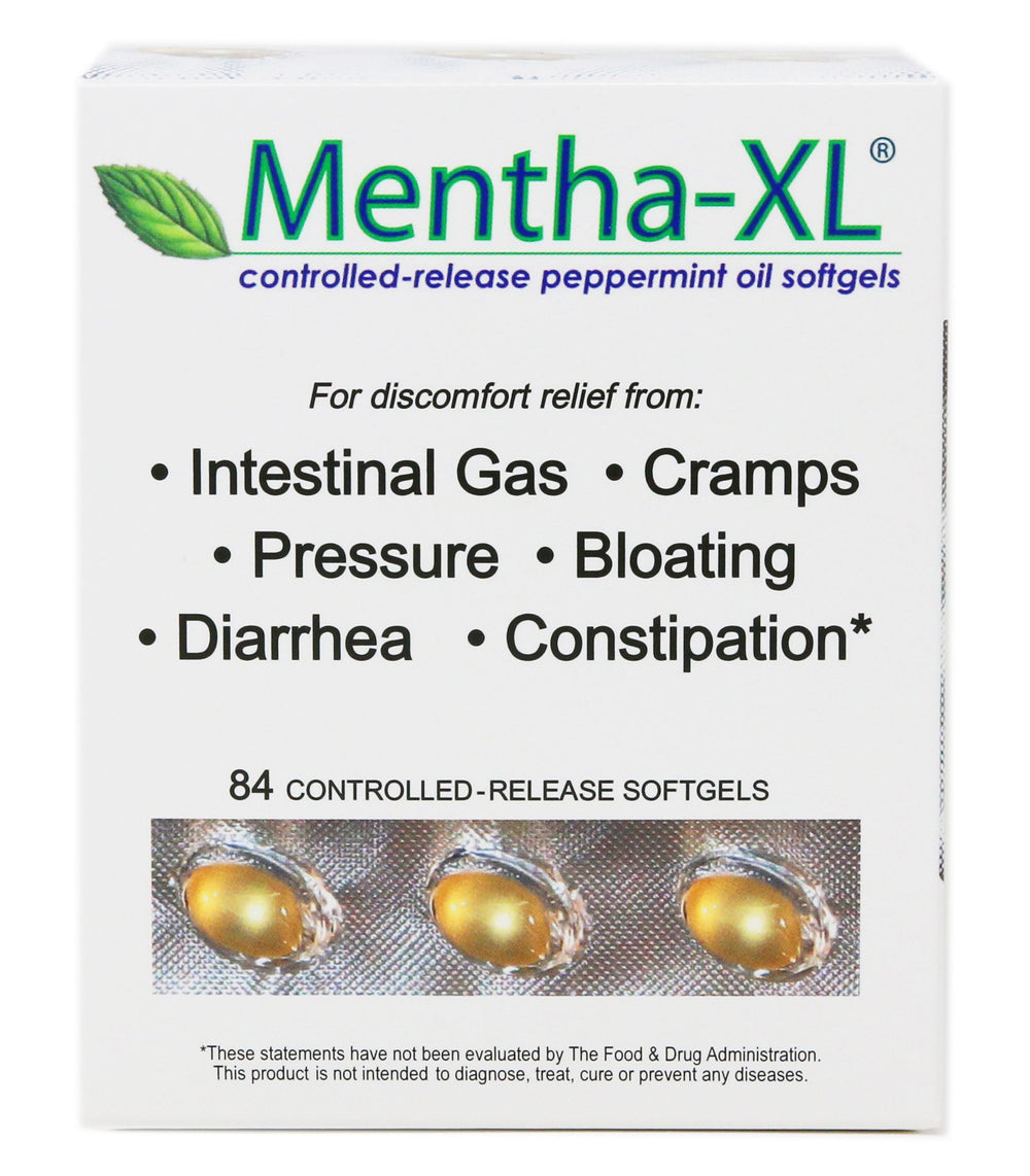 Mentha-XL 84-count softgels bottle for IBS support and convenient use