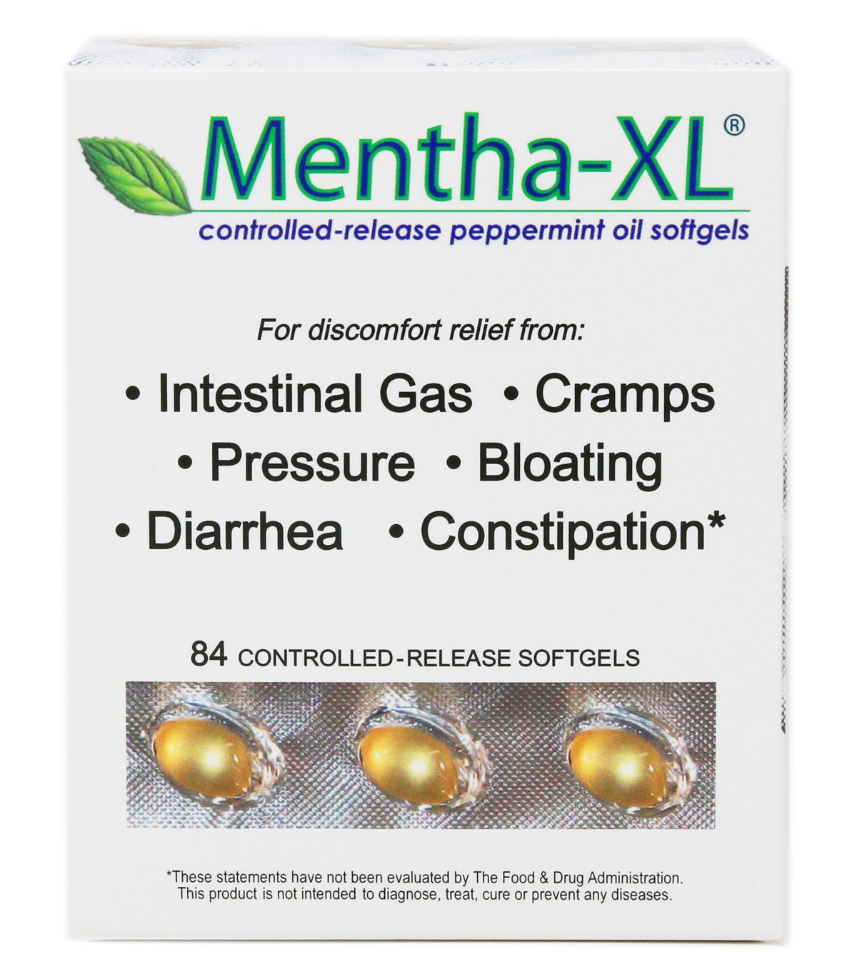 Mentha-XL 84-count softgels bottle for IBS support and convenient use