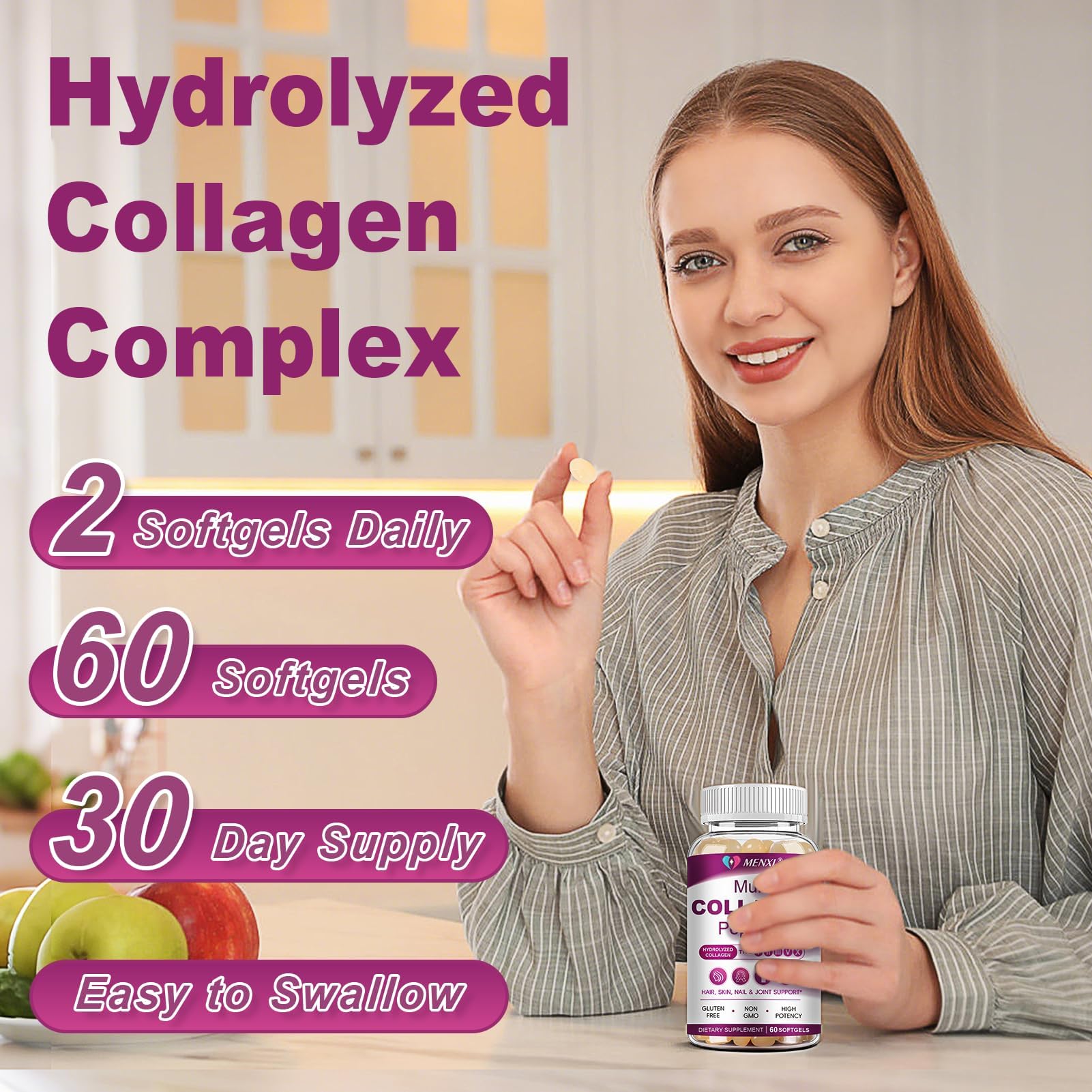 MENXI ingredients panel highlighting collagen types I to X with vitamin C and hyaluronic acid