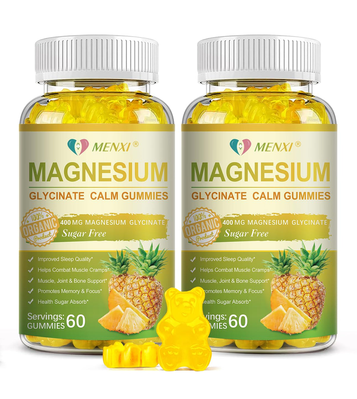 MENXI Magnesium Glycinate Gummies bottle with pineapple flavor for daily relaxation.