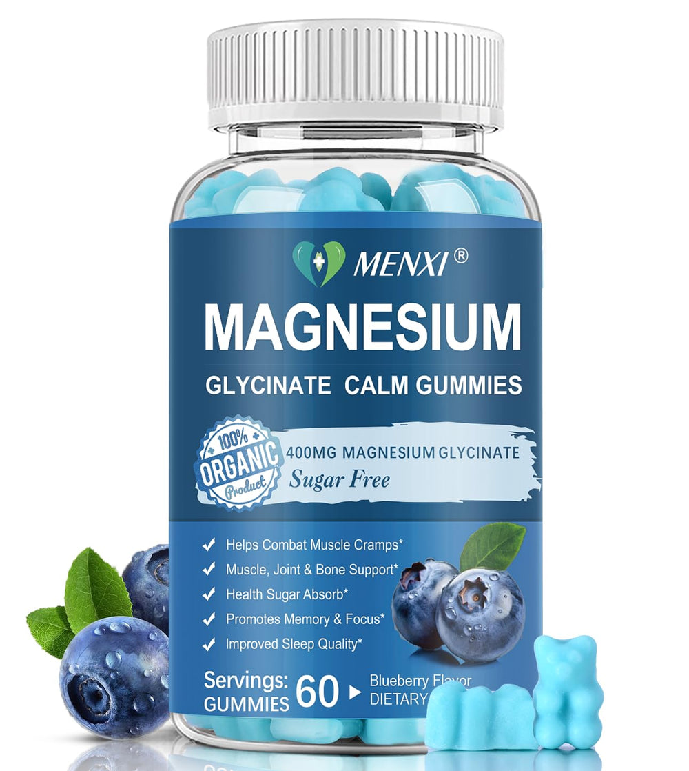 MENXI Magnesium Gummies bottle-front in blueberry flavor for daily calm and relaxation.