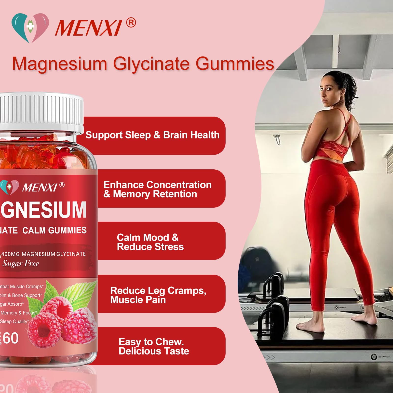 MENXI bottle label highlights sugar-free vegan formula and gummy benefits.