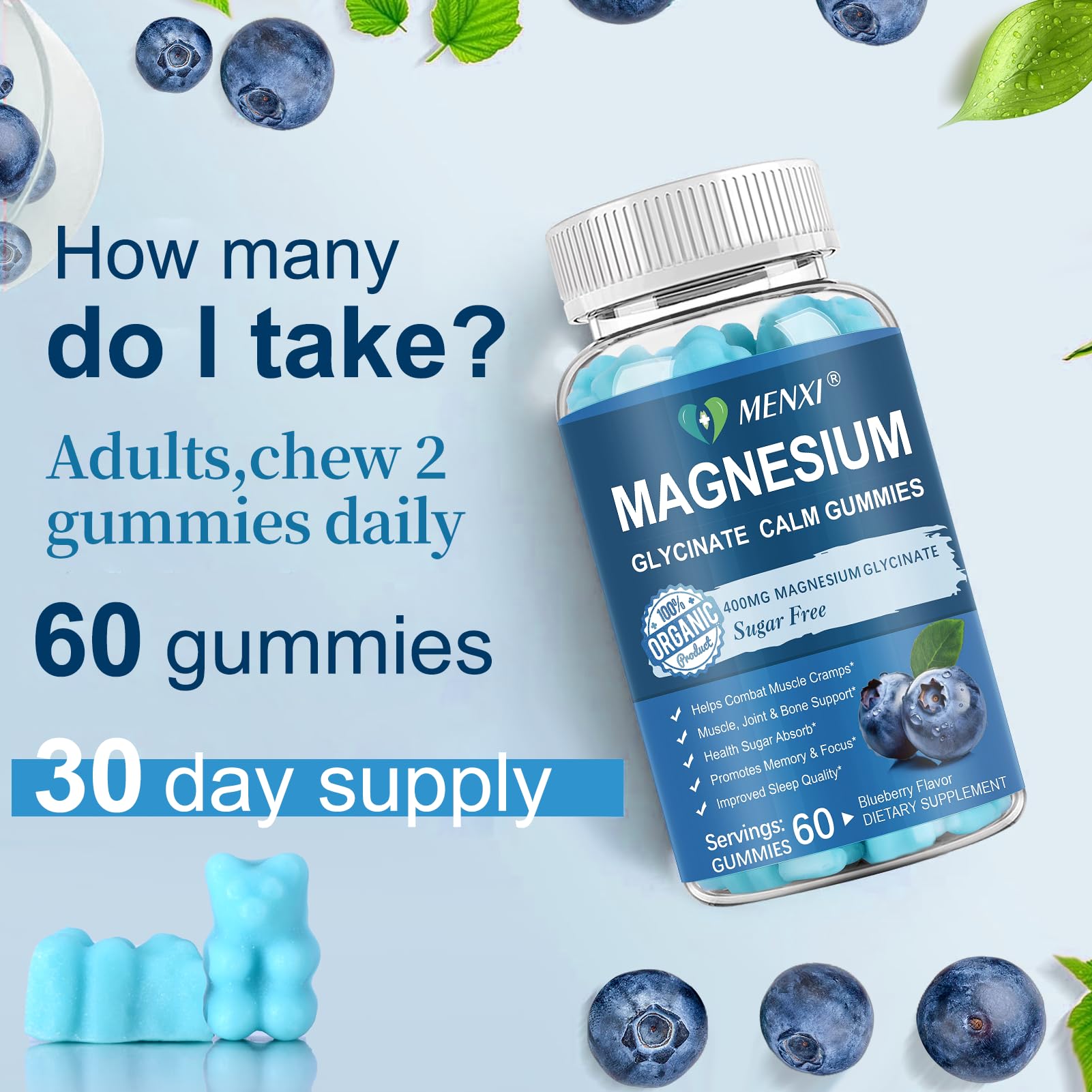 MENXI Magnesium Gummies ingredients panel lists magnesium glycinate and malate.