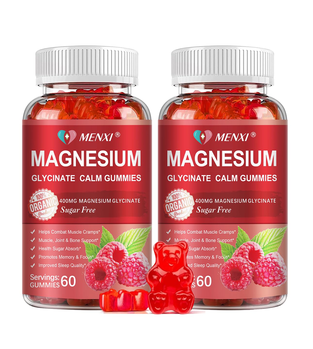 MENXI Magnesium Gummies raspberry bottle for calm mood support and daily use.