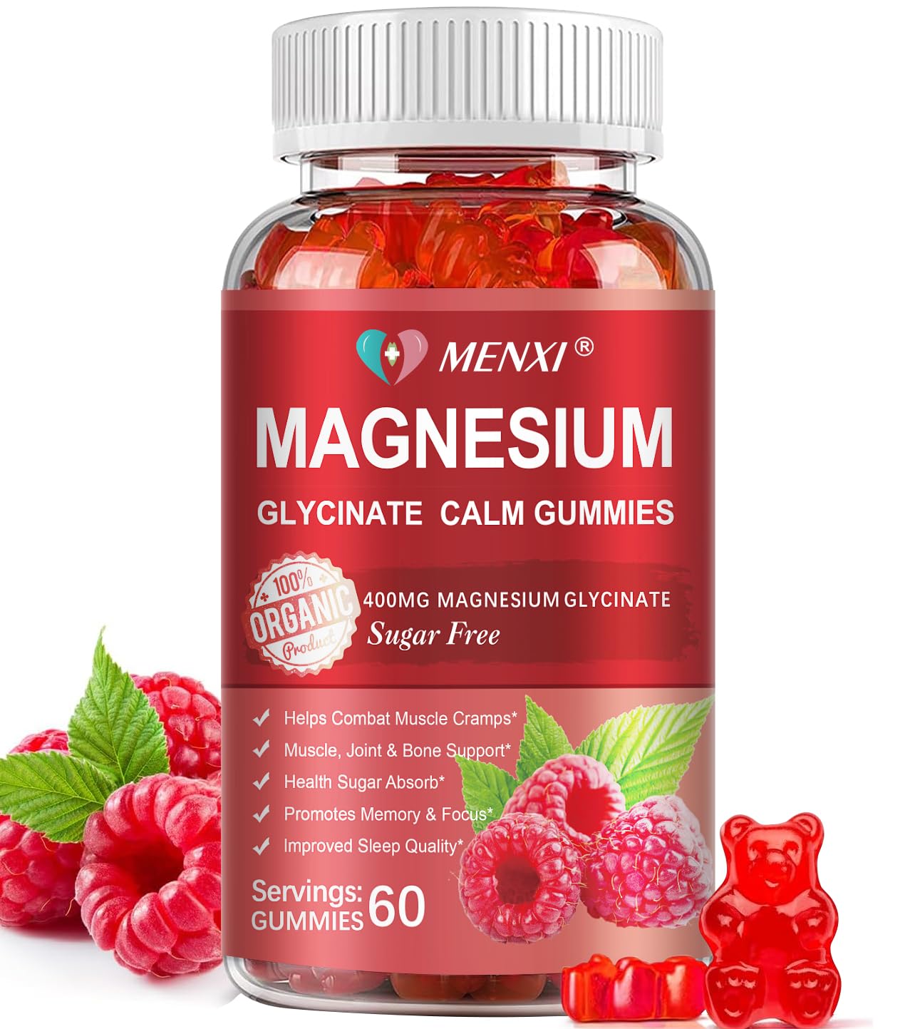 MENXI Magnesium Gummies Raspberry bottle close-up for soothing calm mood support.