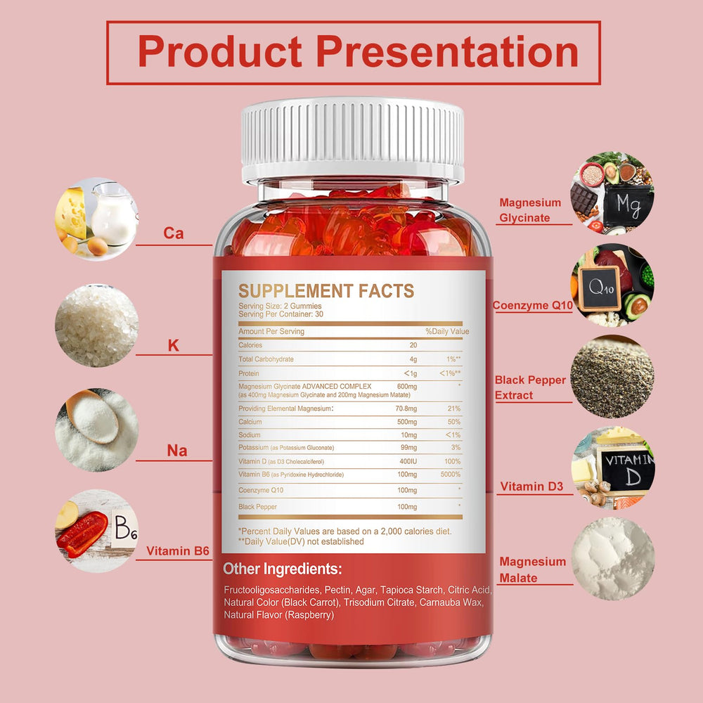MENXI Magnesium Gummies raspberry gummies closeup highlighting easy-to-chew texture and flavor.