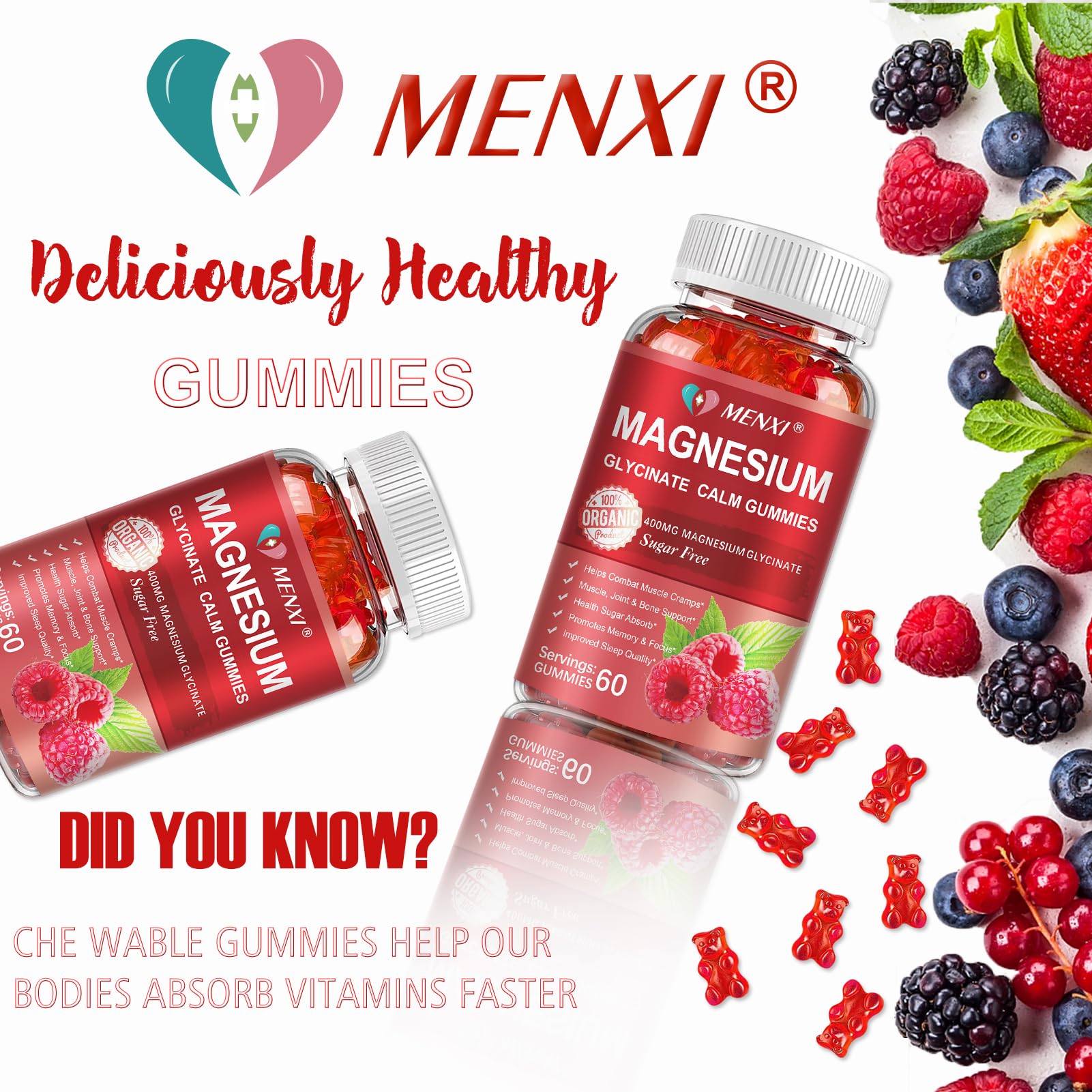 MENXI Magnesium Gummies vegan-friendly label indicating plant-based formulation.