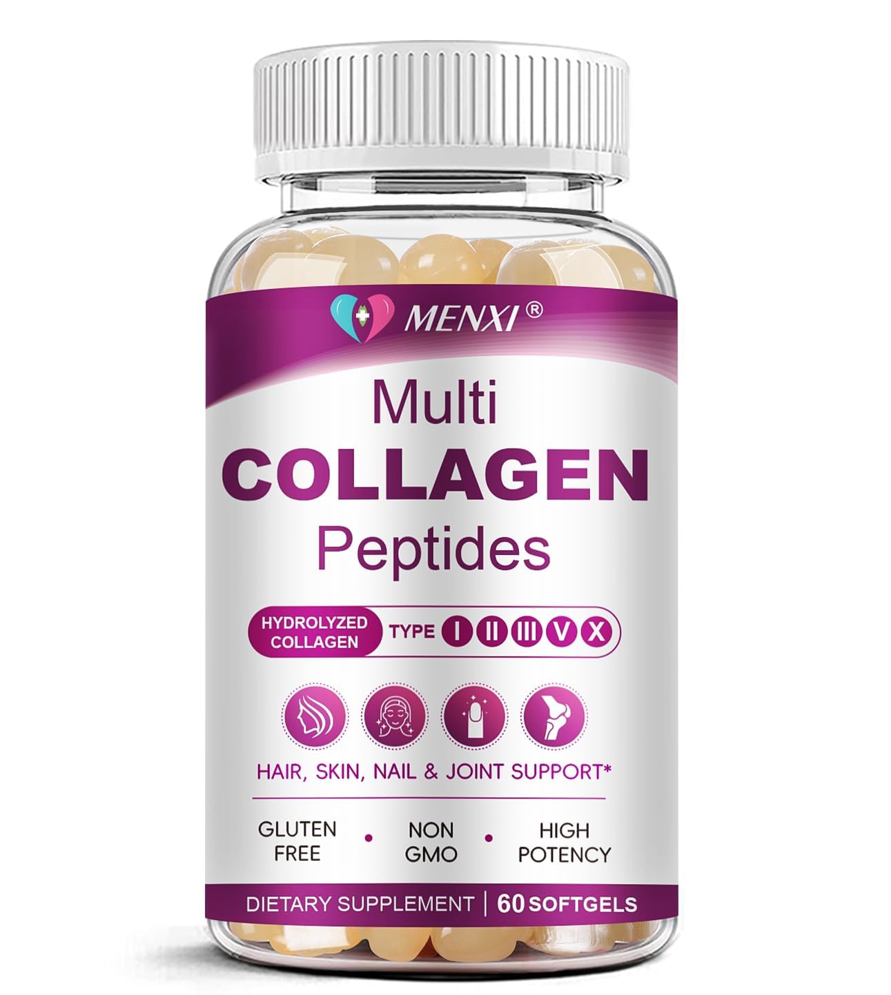 MENXI Multi Collagen Softgel bottle highlighting skin and joint support.