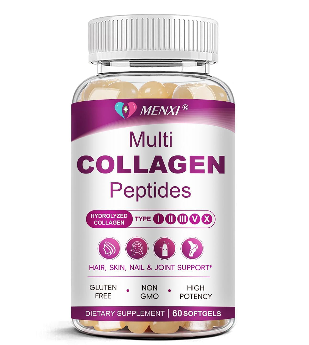 MENXI Multi Collagen Softgel bottle highlighting skin and joint support.