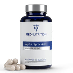 Meo Nutrition Alpha Lipoic Acid 650mg bottle, supports daily antioxidant health.