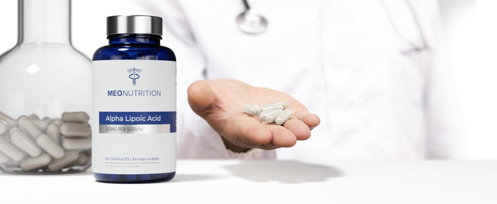 Meo Nutrition Alpha Lipoic Acid 650mg capsules in hand, convenient daily metabolic support.