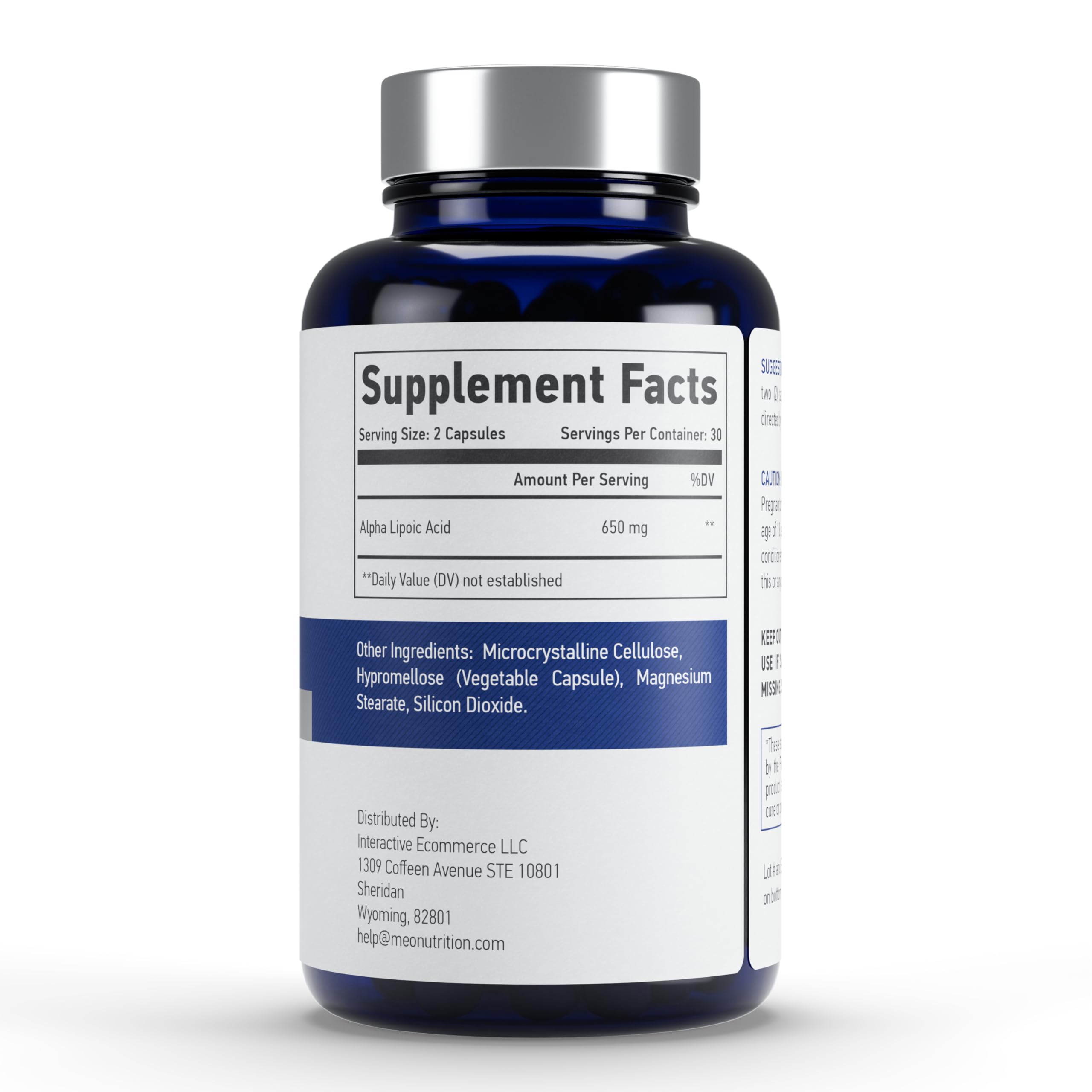 Meo Nutrition Alpha Lipoic Acid 650mg capsules close-up, vegan and gluten-free for daily use.