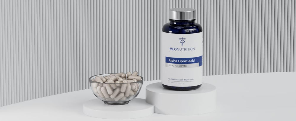Meo Nutrition Alpha Lipoic Acid 650mg daily-use setup on counter, fits busy routines.