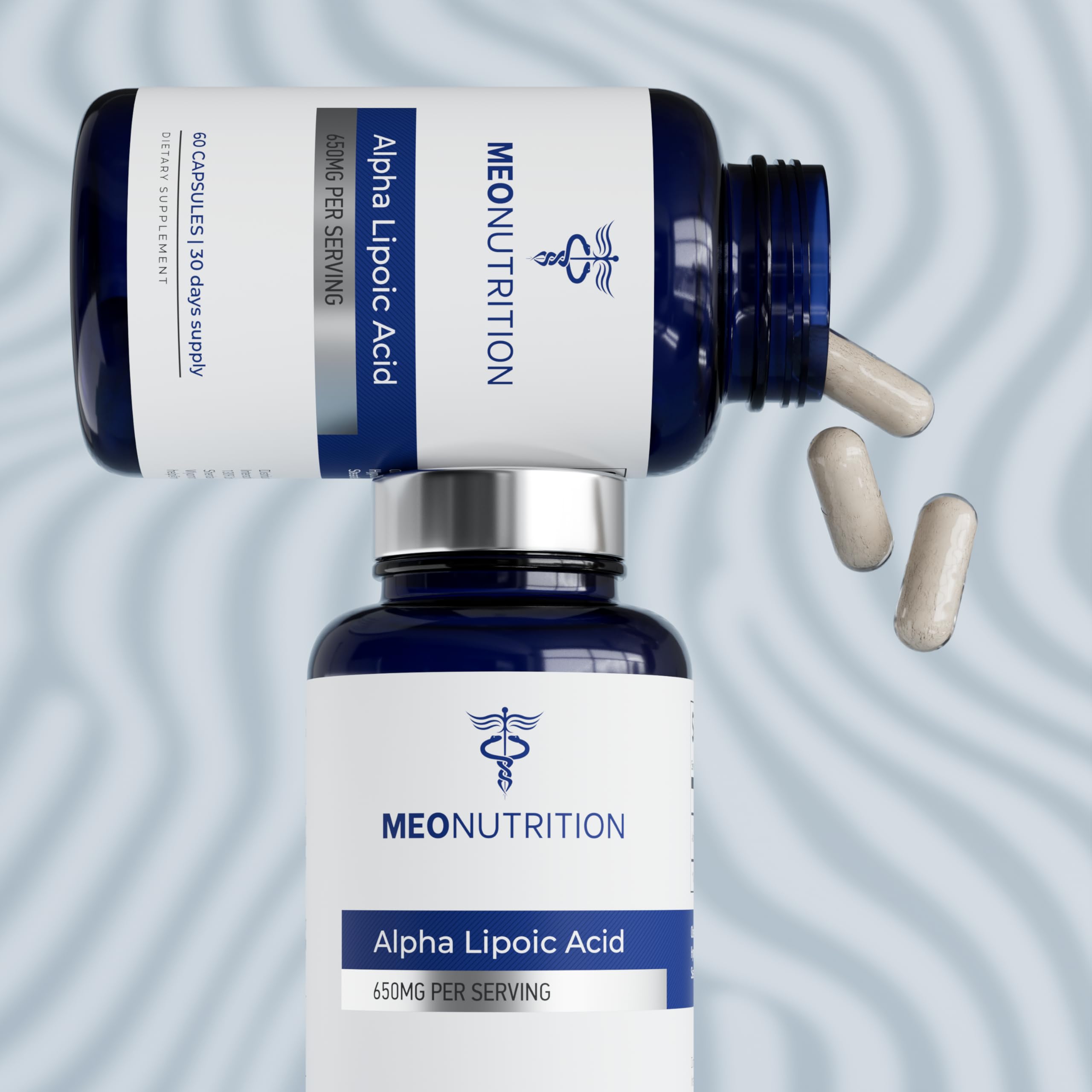 Meo Nutrition Alpha Lipoic Acid 650mg glass bottle on shelf, GMP-certified manufacturing.