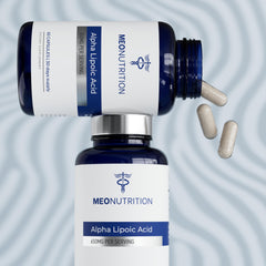 Meo Nutrition Alpha Lipoic Acid 650mg glass bottle on shelf, GMP-certified manufacturing.