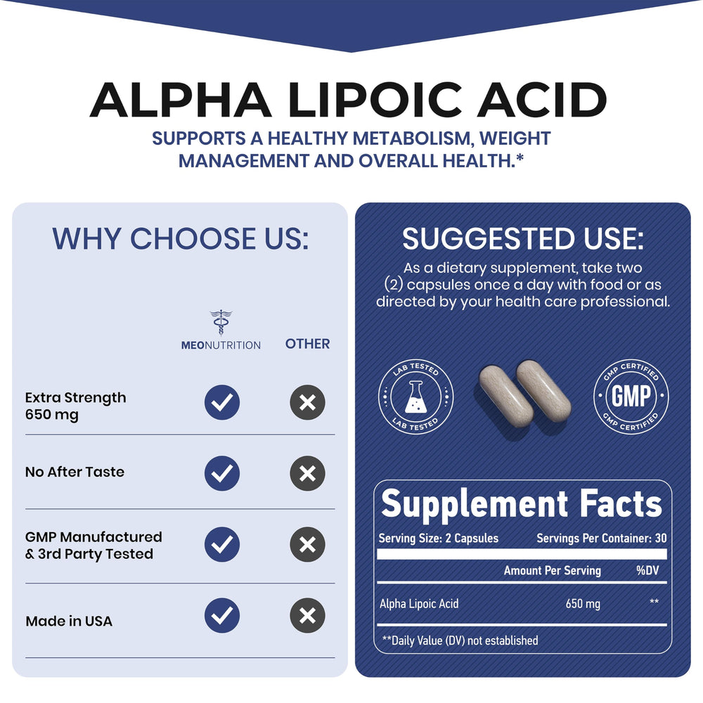 Meo Nutrition Alpha Lipoic Acid 650mg label close-up, USA-made quality and purity.