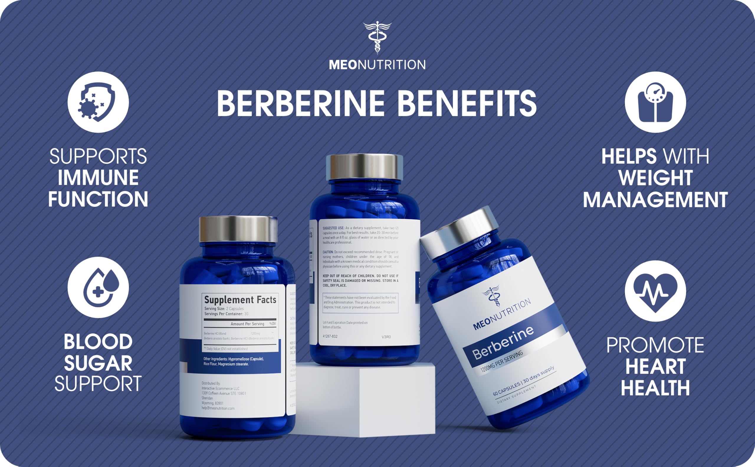 Meo Nutrition Berberine packaging label with product details.