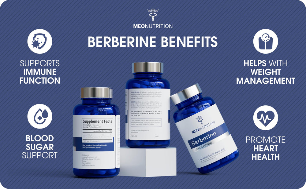 Meo Nutrition Berberine packaging label with product details.