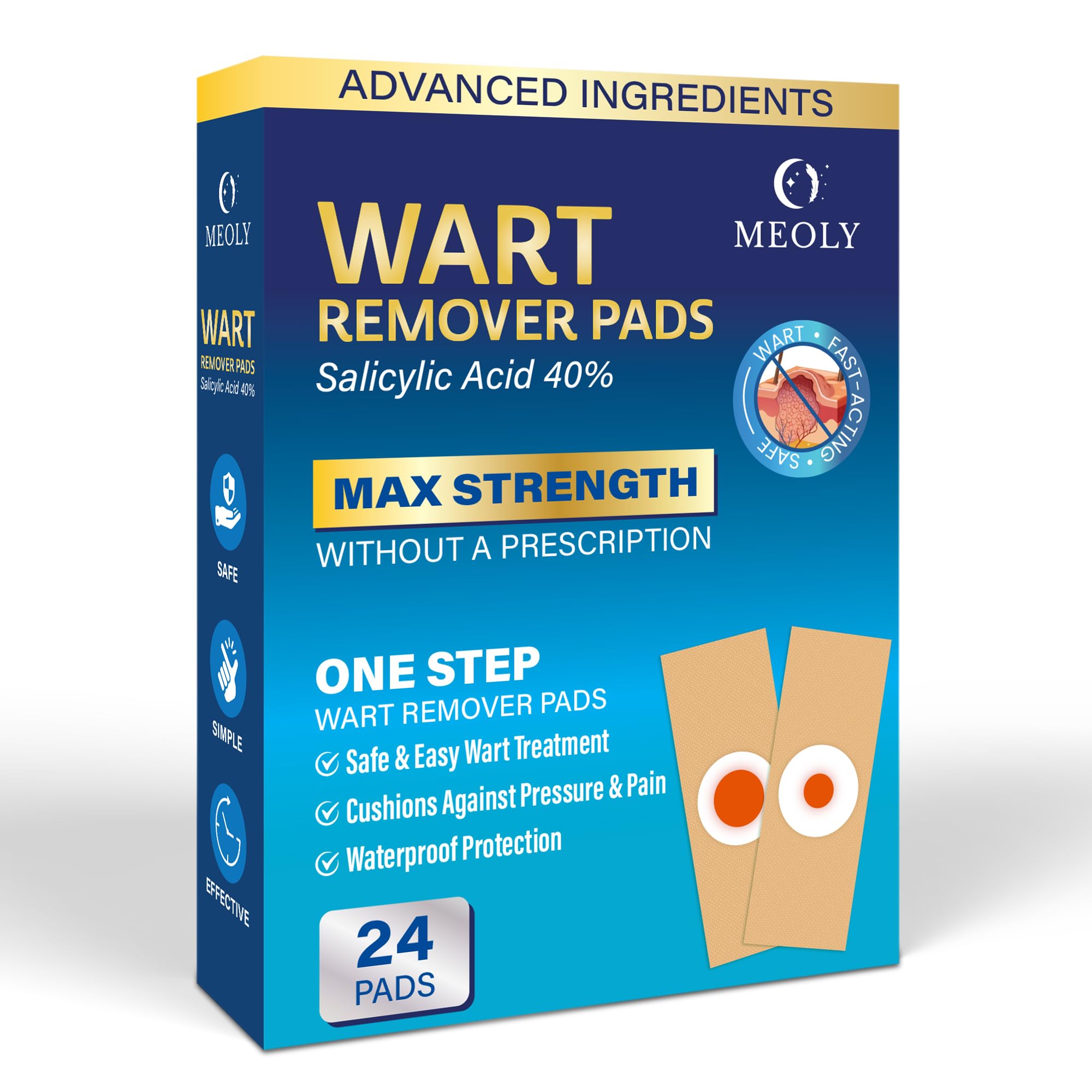 Box includes pads and films for ongoing foot care.