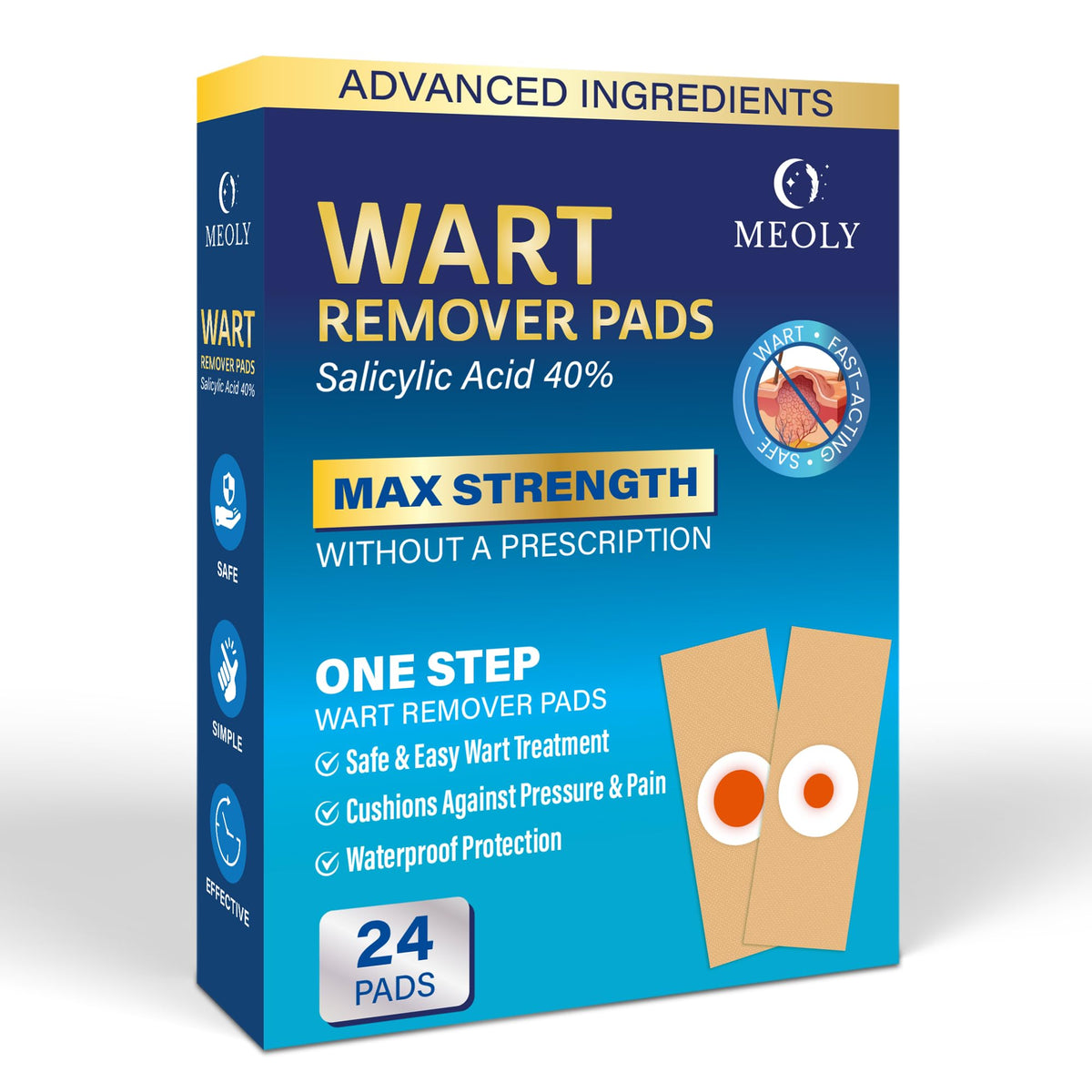 Meoly plantar wart remover pad adheres securely for targeted foot treatment.