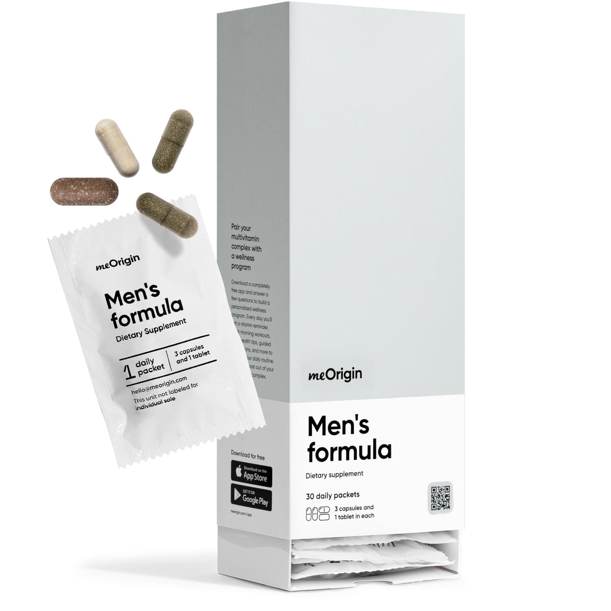 MeOrigin multivitamin for men bottle front showing 30-day supply for daily energy.