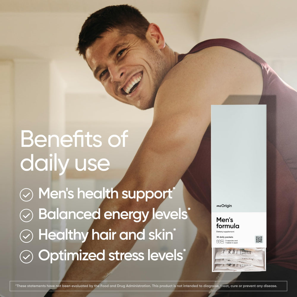 MeOrigin daily packs image demonstrates a simple one-per-day routine for men.