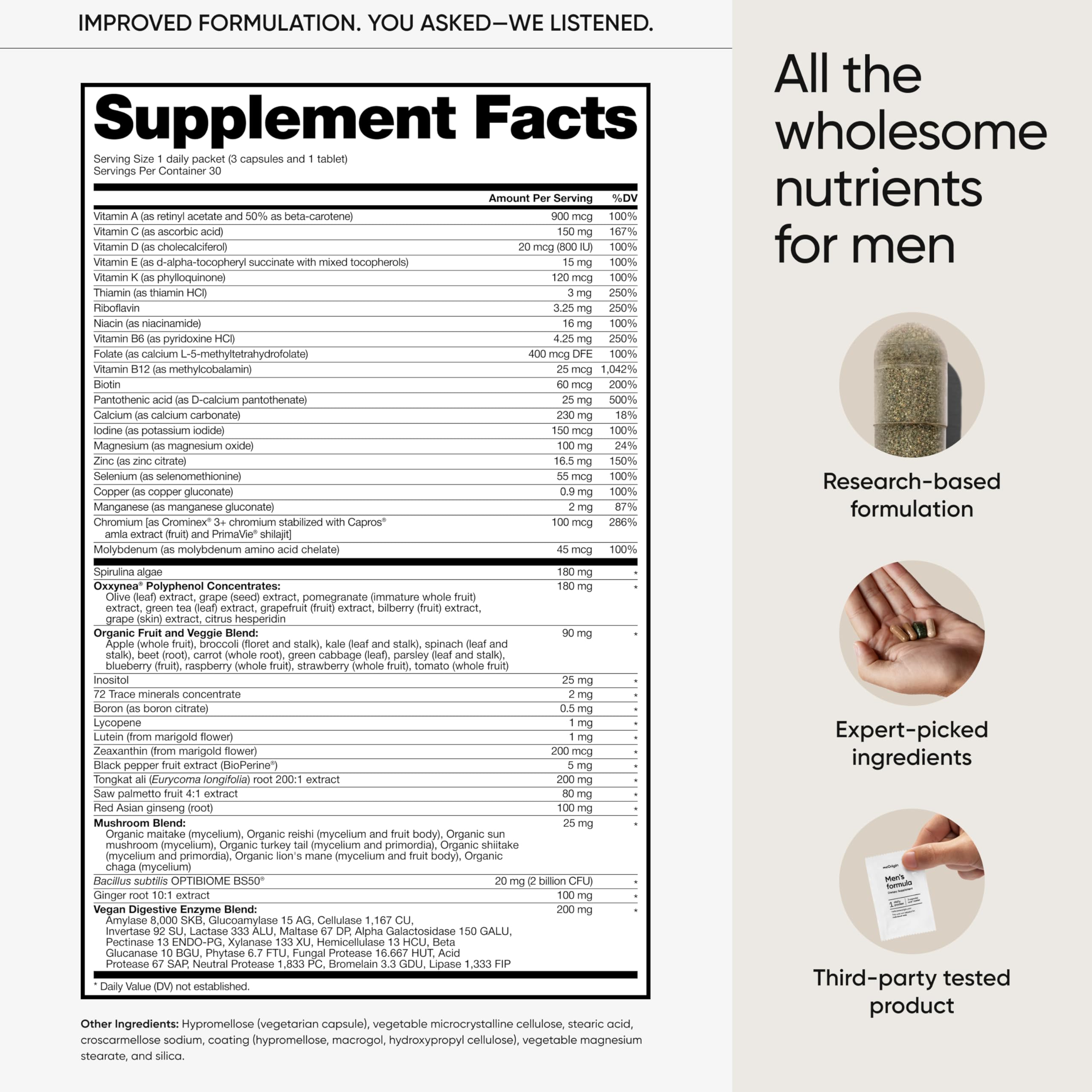 MeOrigin multivitamin men ingredients visual illustrating 79 nutrients.
