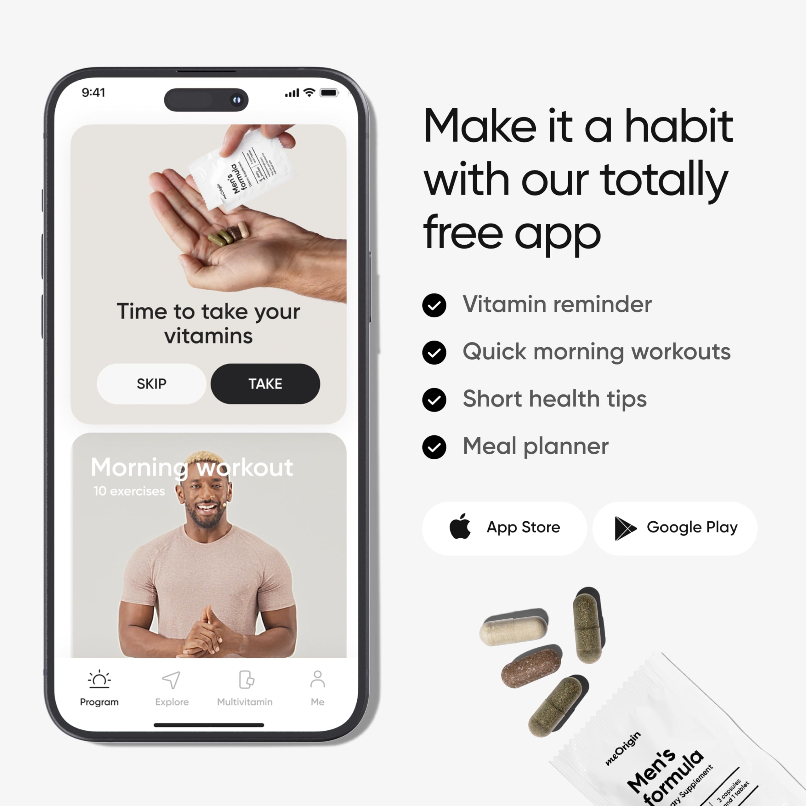 MeOrigin multivitamin men use-case image suggesting daily wellness routine.