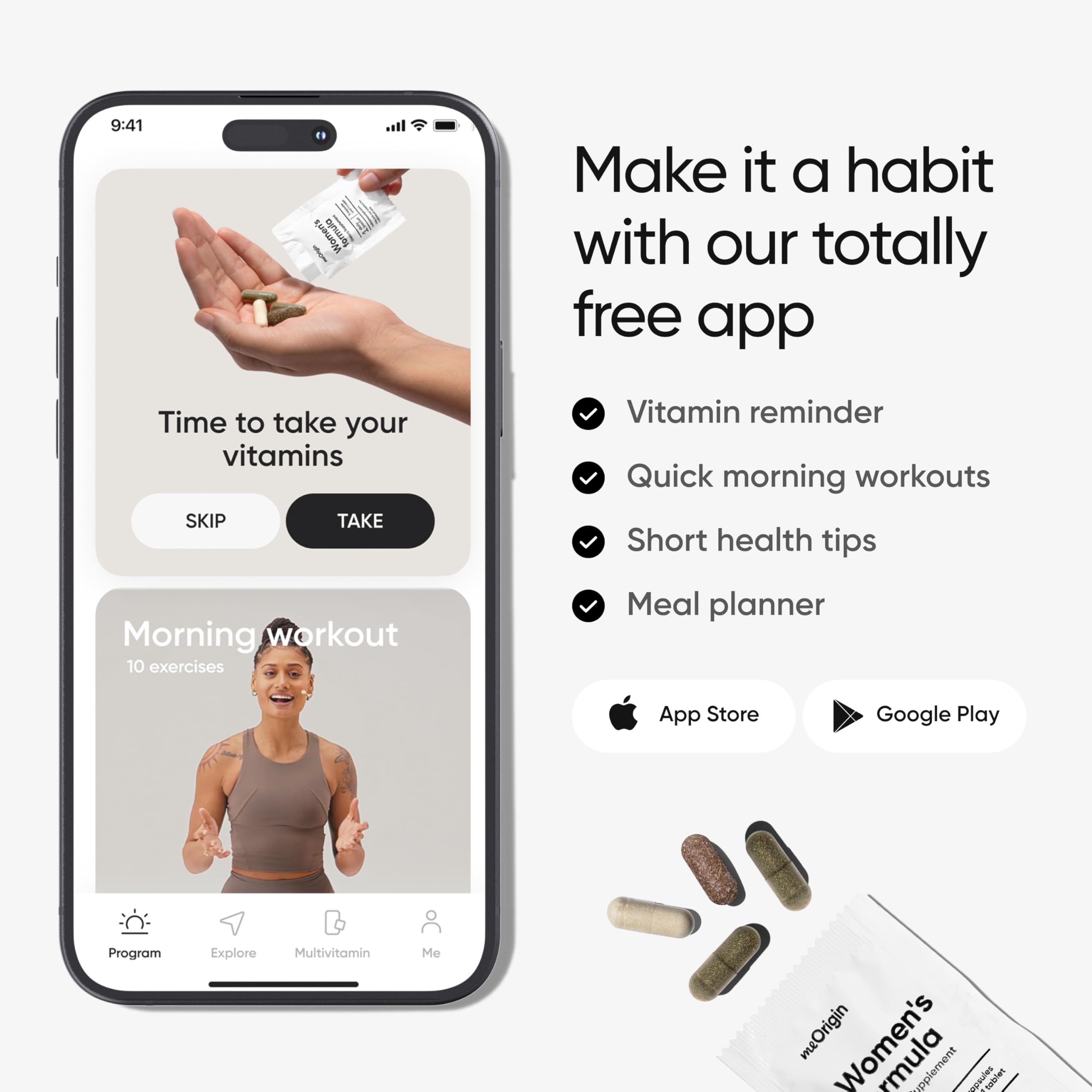 MeOrigin app reminder screen beside vitamin bottles illustrating daily wellness tracking.