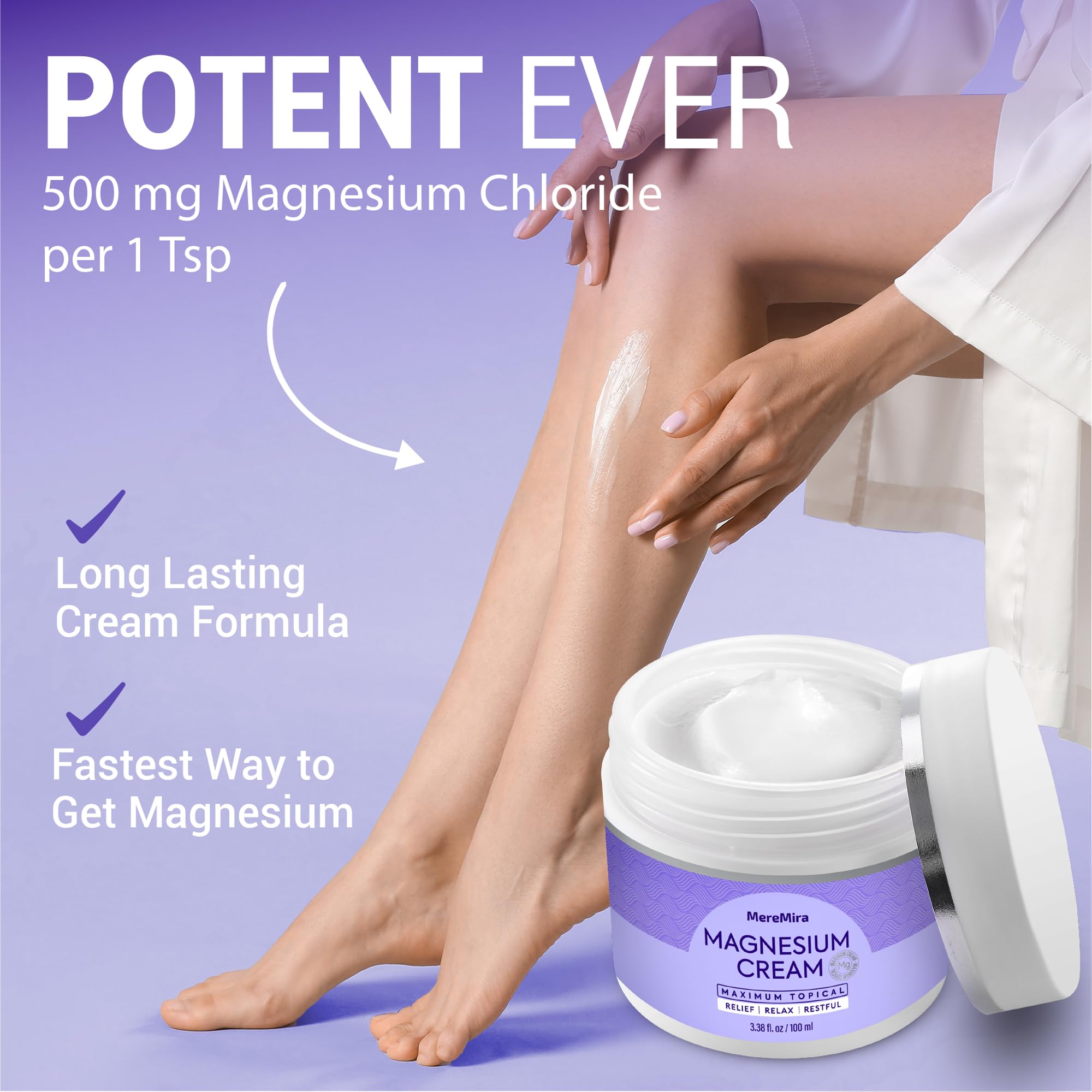 Close-up of MereMira Magnesium Cream texture, emphasizing quick absorption.
