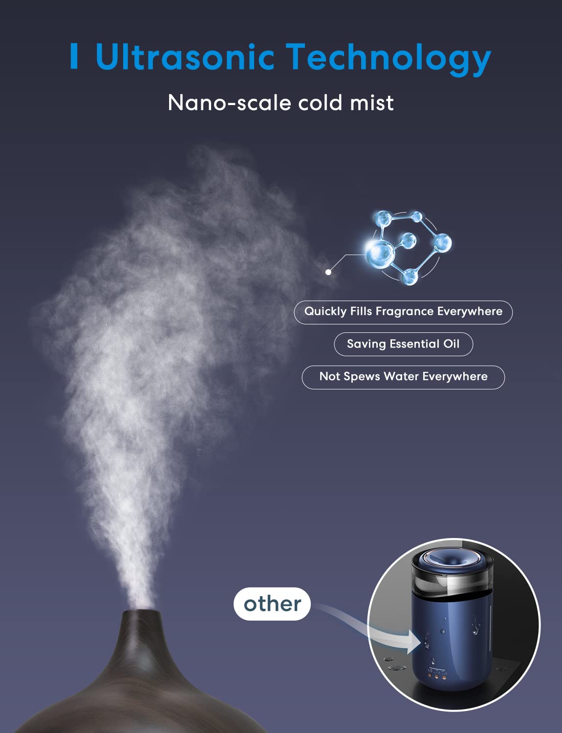 Meross diffuser side view with visible mist for bedroom relaxation.