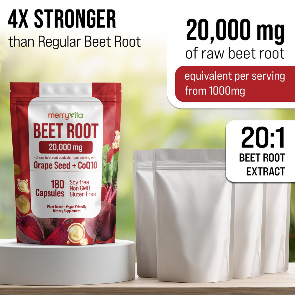 Graphic on MERRY VITA Beet Root Capsules emphasizing CoQ10 and heart health