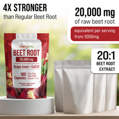 Graphic on MERRY VITA Beet Root Capsules emphasizing CoQ10 and heart health