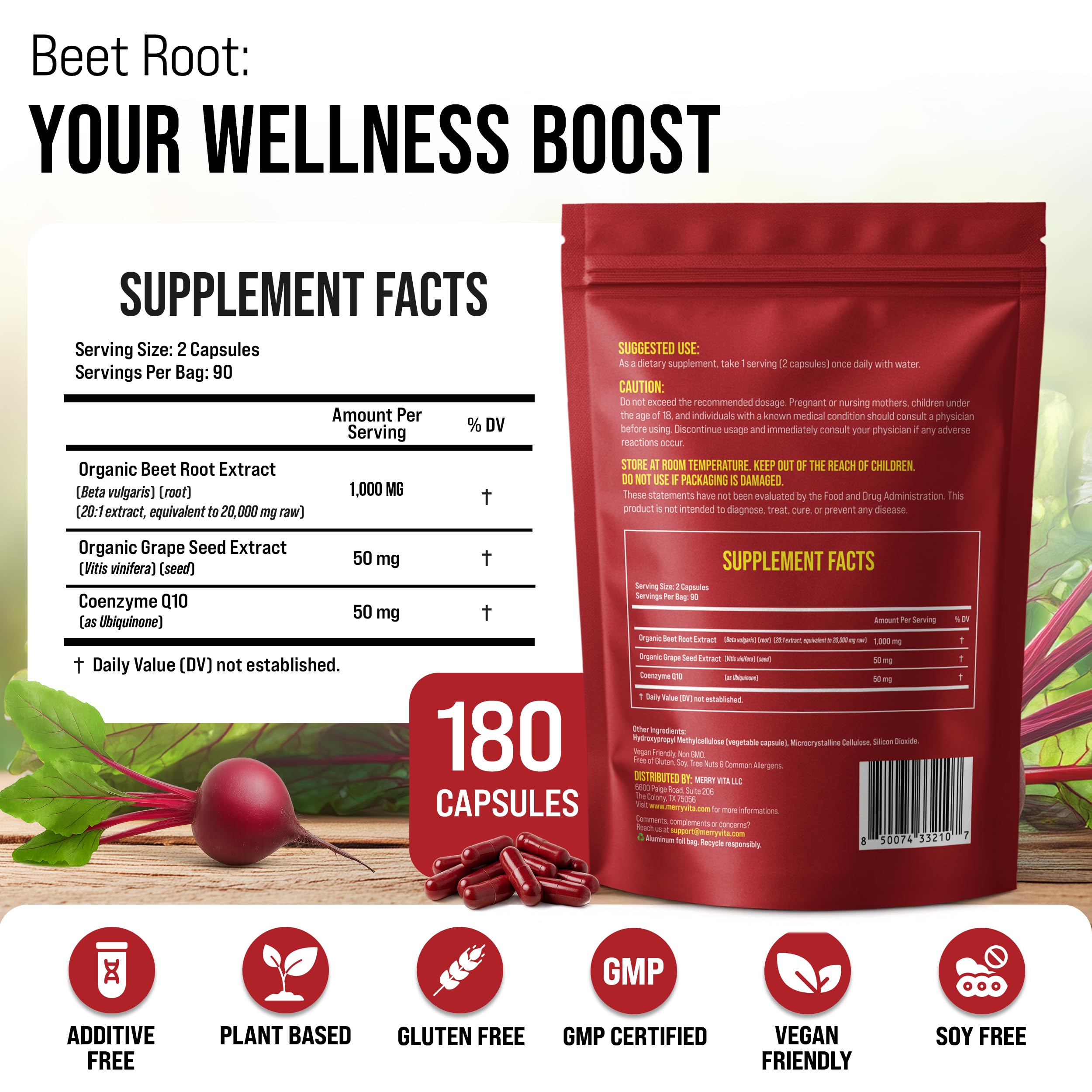 Packaging shot of MERRY VITA Beet Root Capsules on a shelf