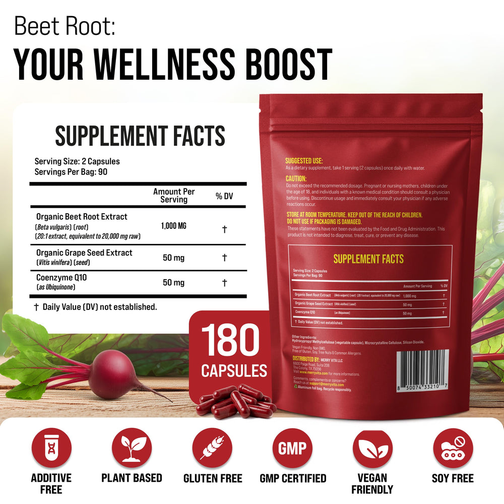 Packaging shot of MERRY VITA Beet Root Capsules on a shelf