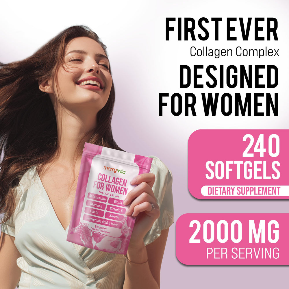 MERRY VITA collagen capsules close-up highlighting easy-to-swallow pills for daily use.