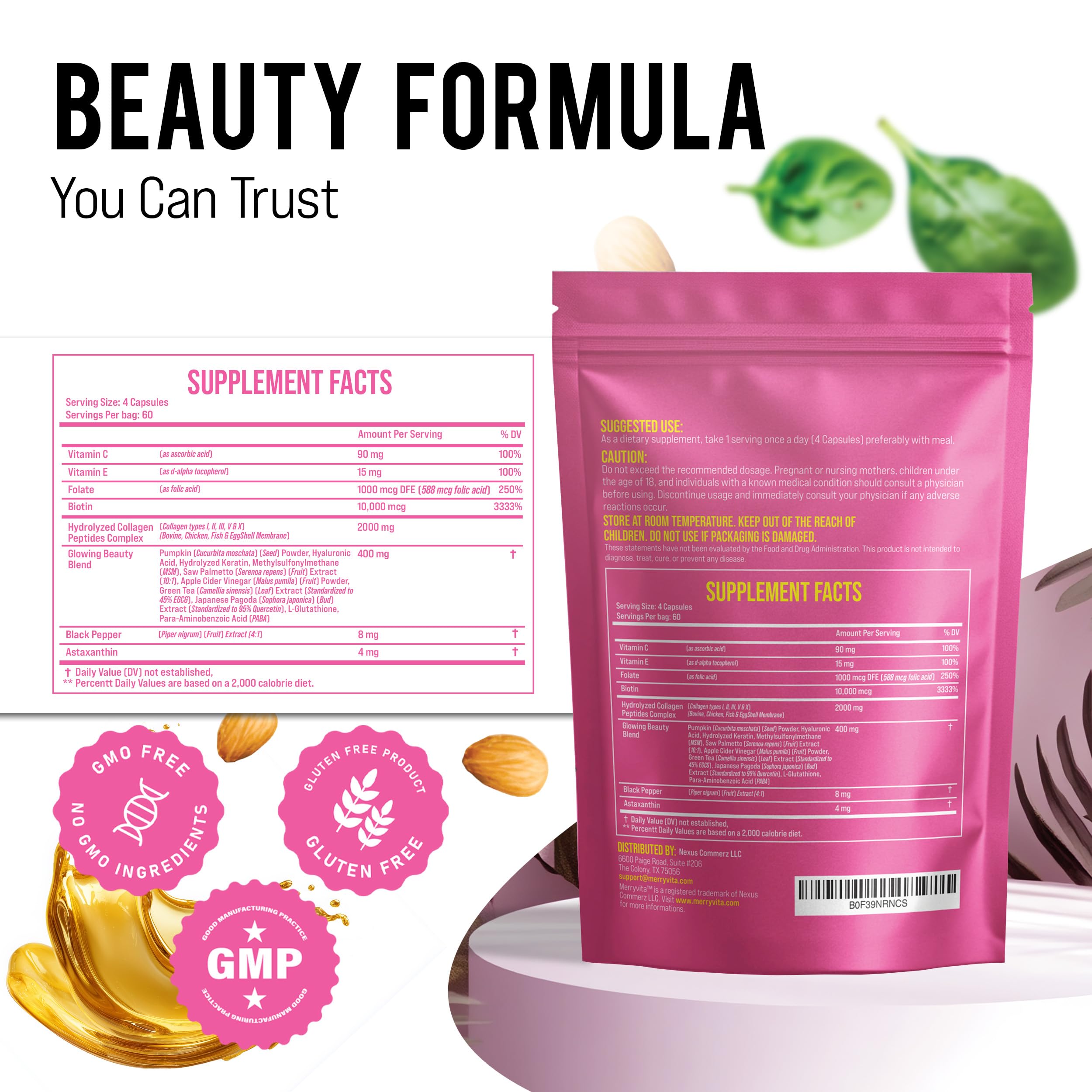 MERRY VITA collagen label emphasizes non-GMO and grass-fed sourcing.