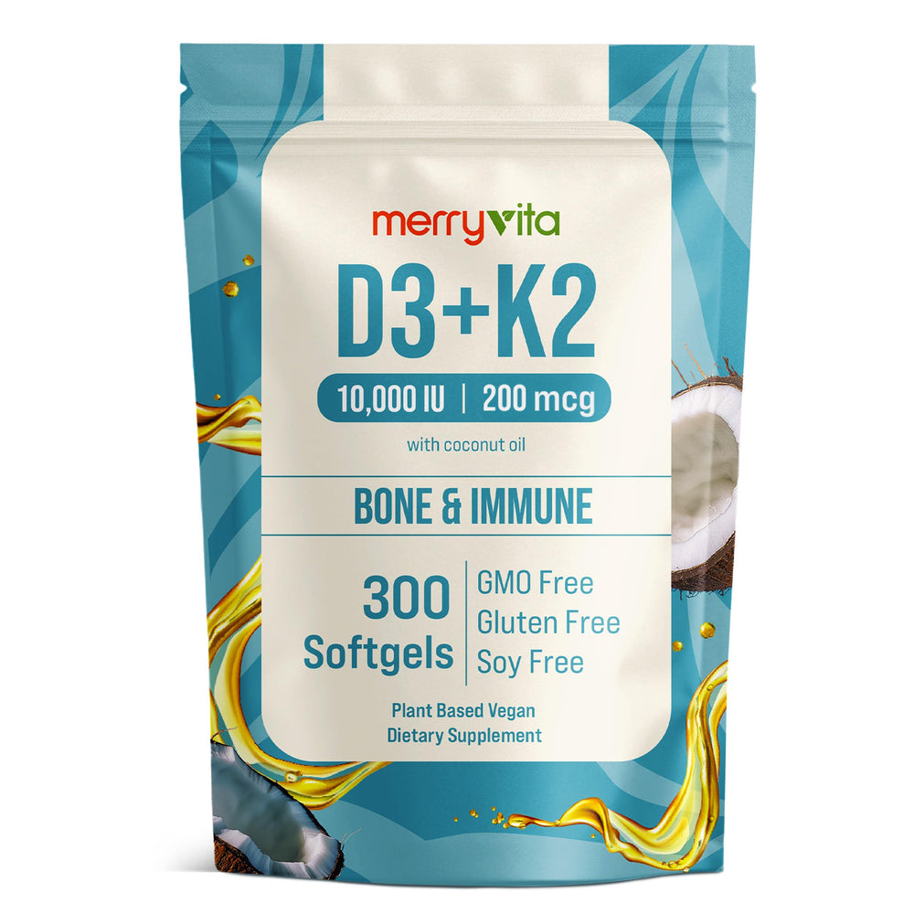 MERRY VITA D3 K2 softgels bottle closeup for bone and immune support