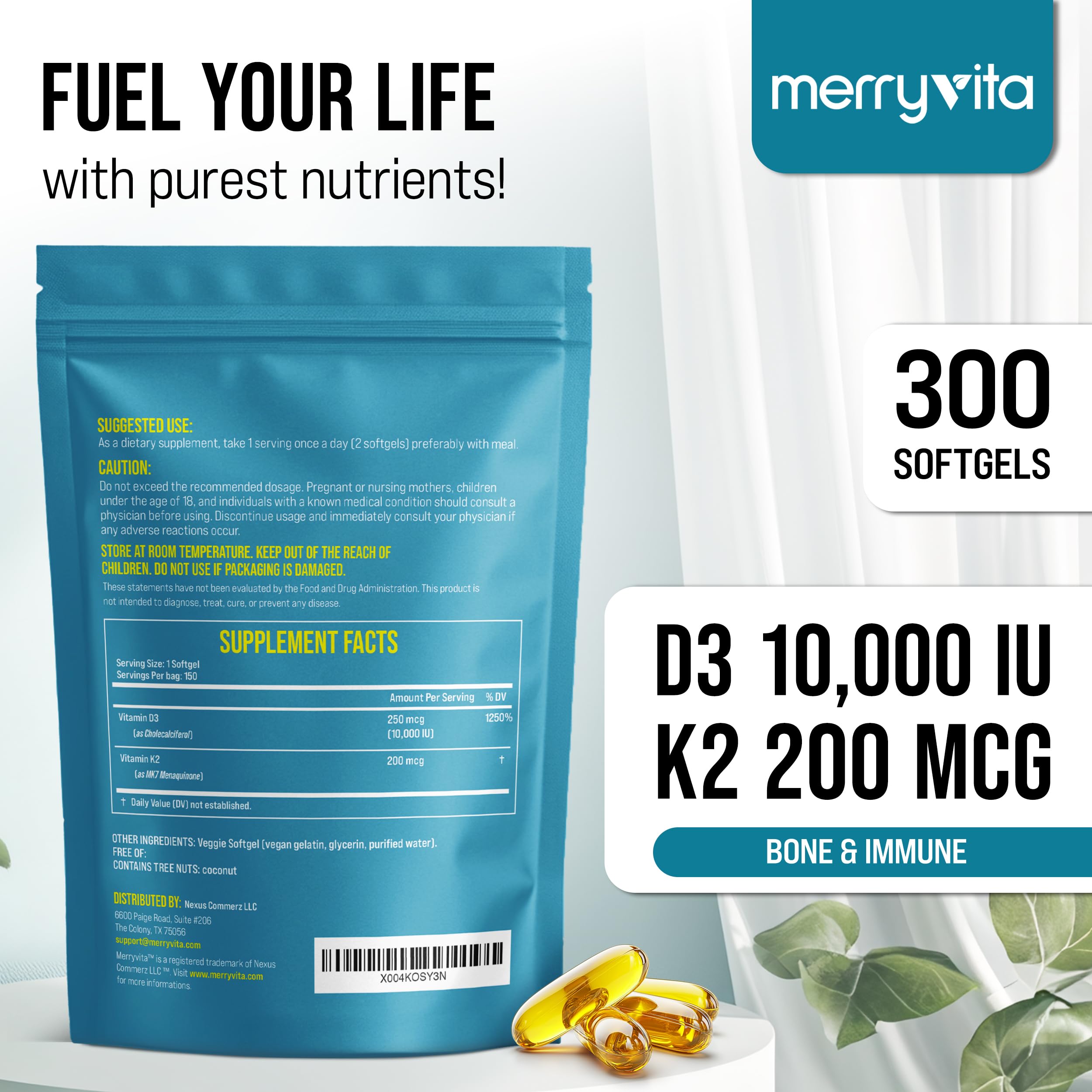 MERRY VITA D3 K2 softgels triple-layer pouch highlights value