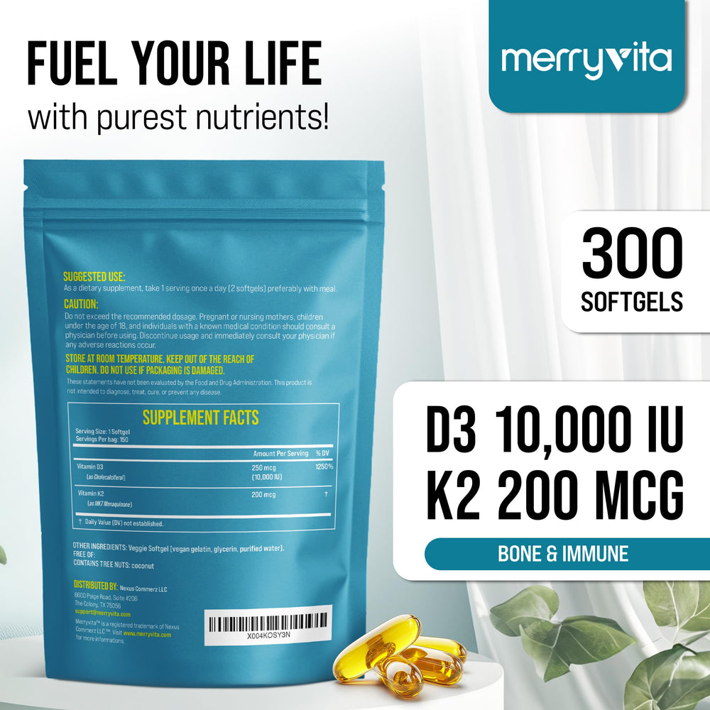 MERRY VITA D3 K2 softgels triple-layer pouch highlights value