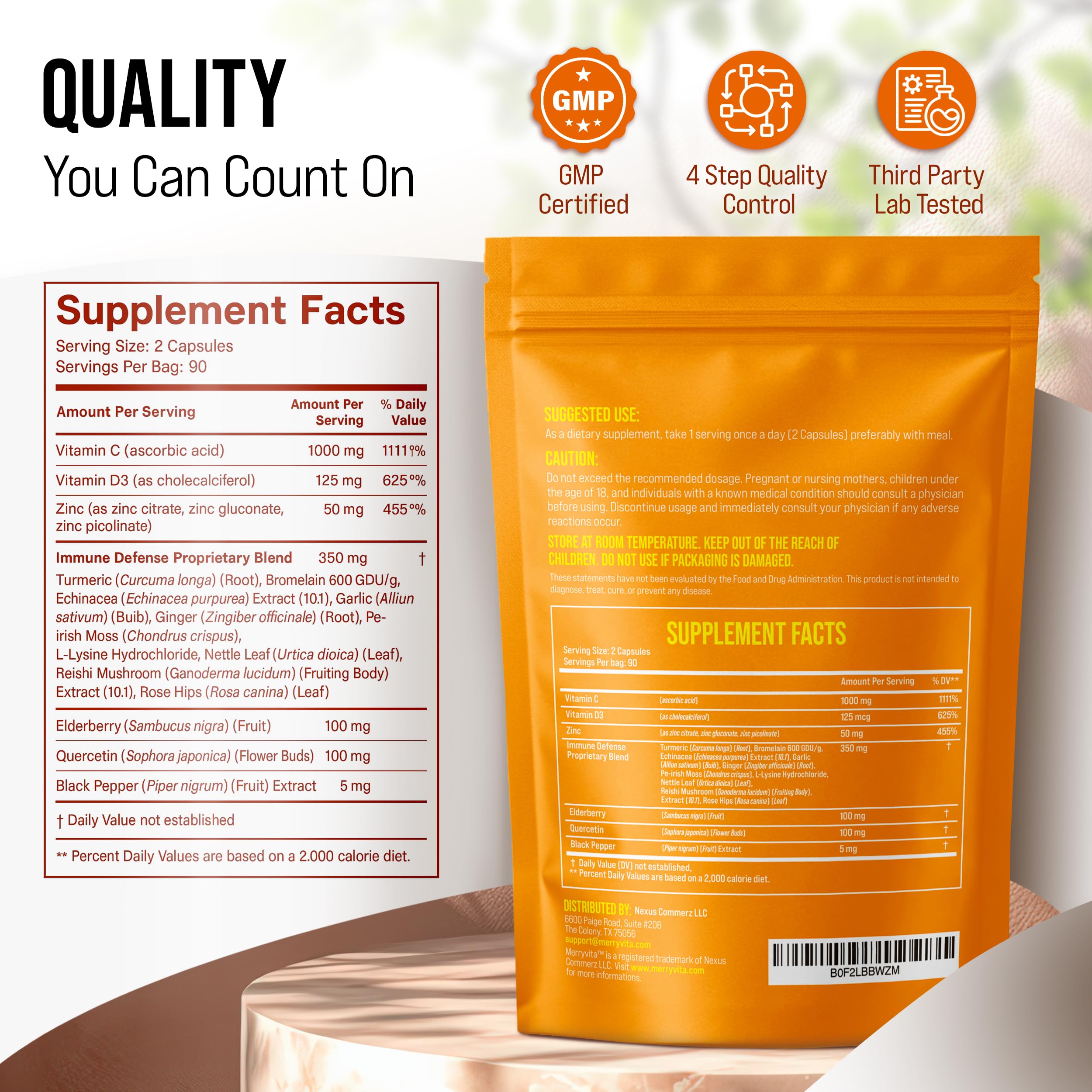 MERRY VITA Liposomal Vitamin C 1000mg bottle label highlights key ingredients