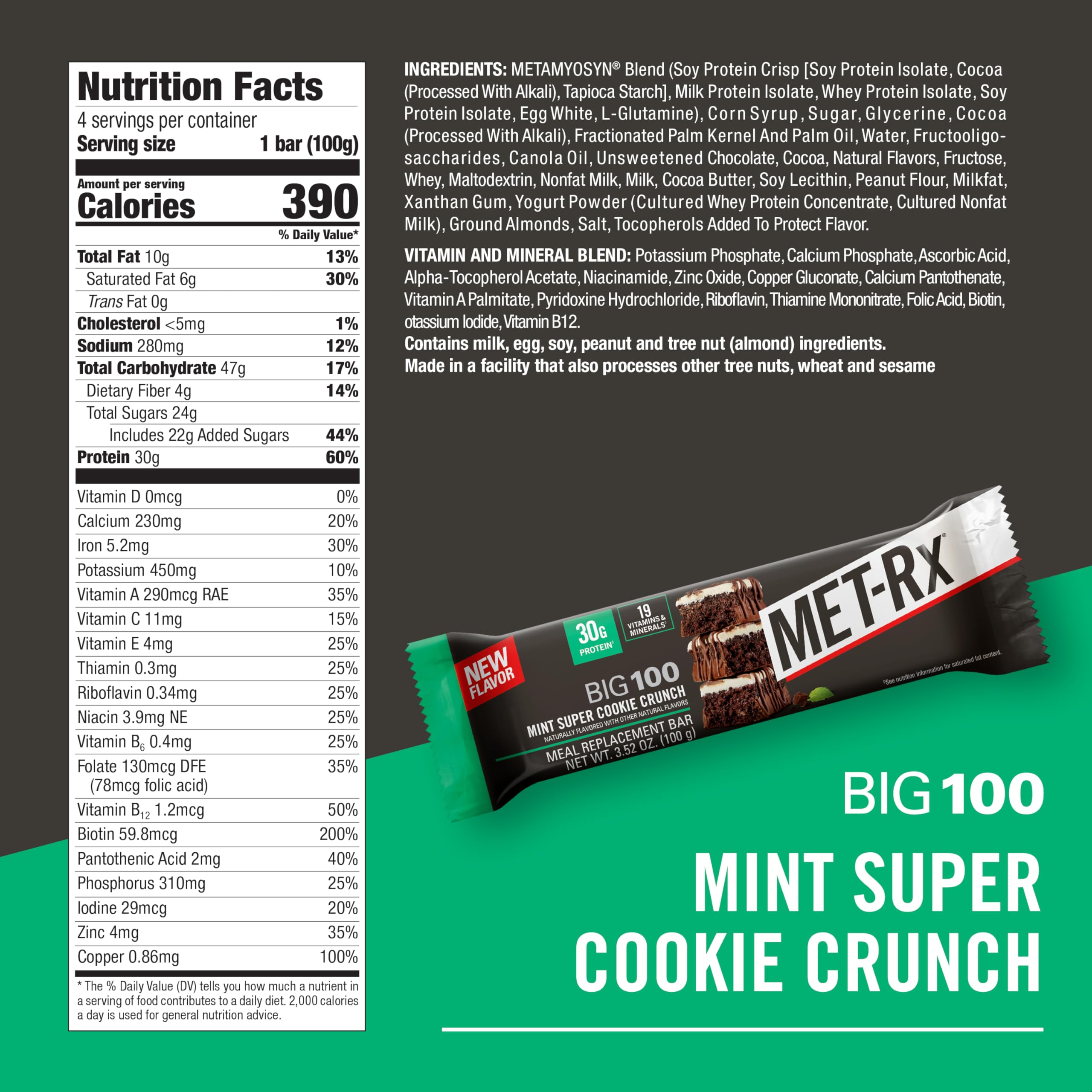 MET-Rx Big 100 Mint bar cross-section shows chewy center and crunchy texture.