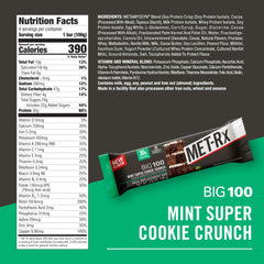 MET-Rx Big 100 Mint bar cross-section shows chewy center and crunchy texture.