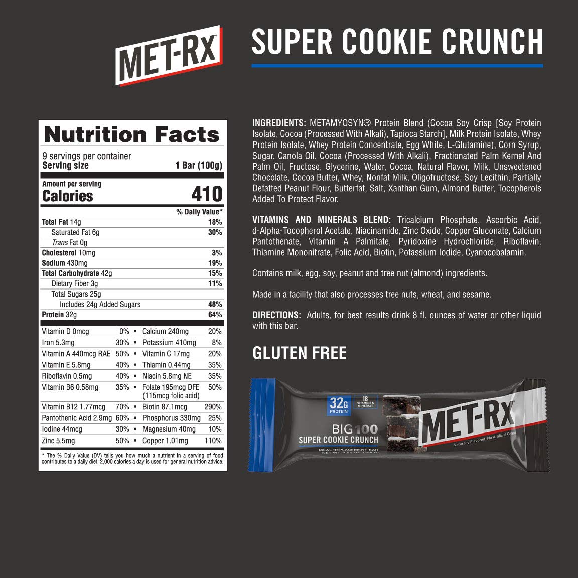 MET-Rx Big 100 Colossal nutrition facts label close-up highlighting vitamins.