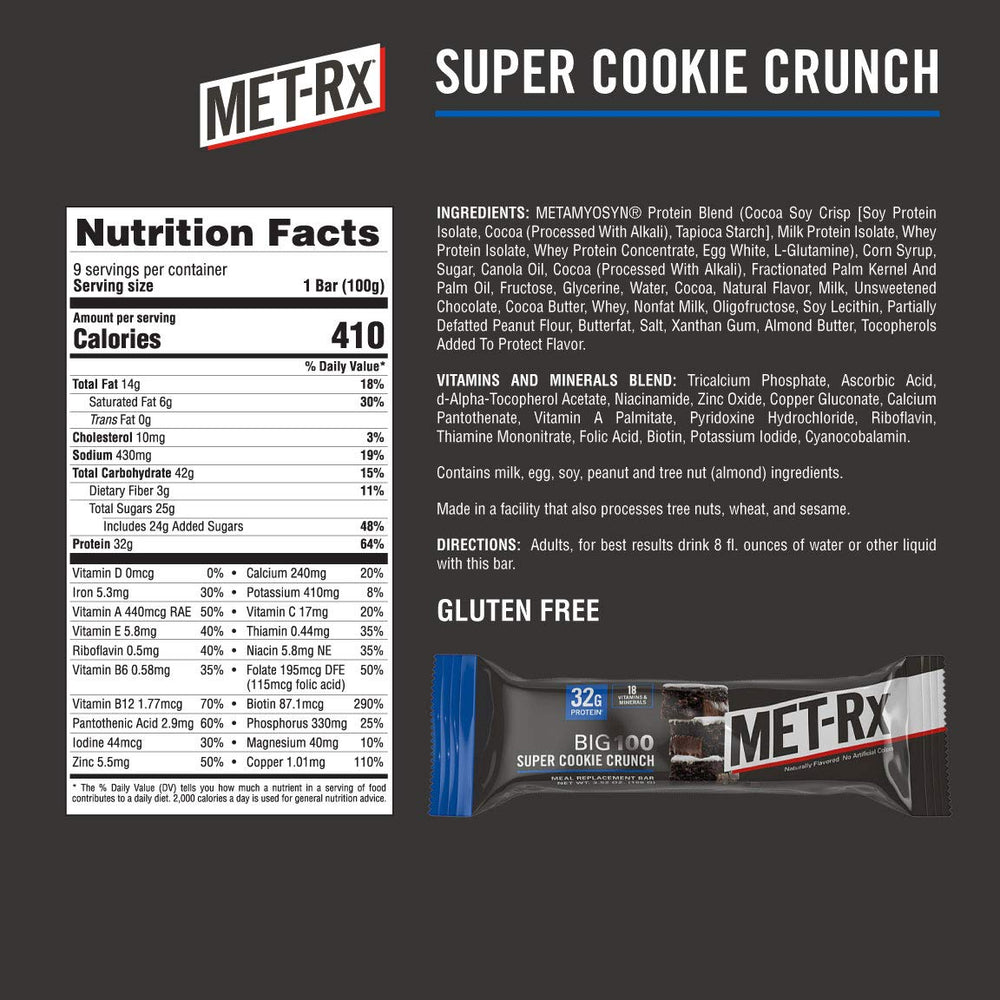 MET-Rx Big 100 Colossal nutrition facts label close-up highlighting vitamins.